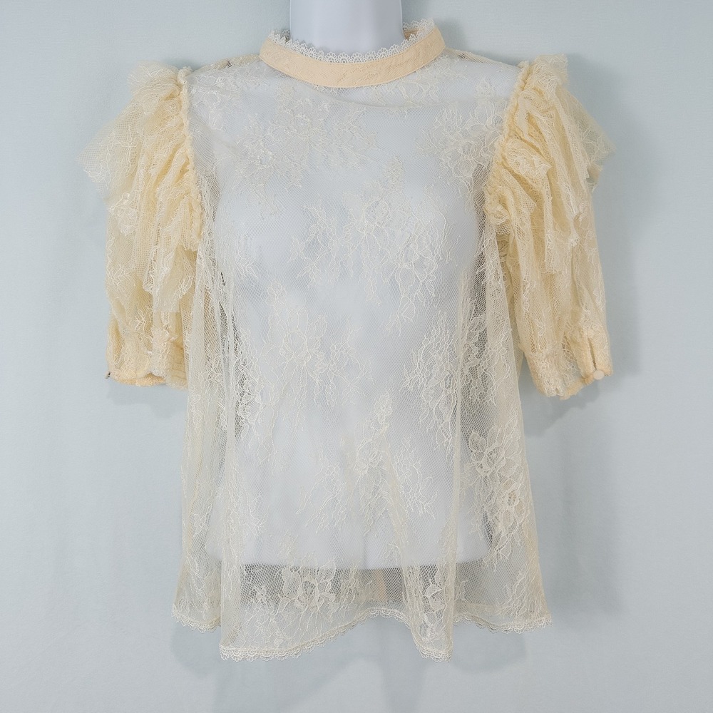 Free People Secret Admirer Sheer Lace Top M Eggnog Victorian Romantic Ruffles